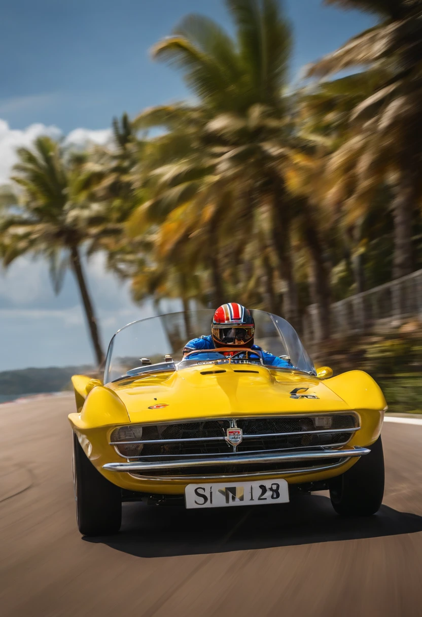 A photo of Sterling waterskiing through a beautiful tropical bay,original,Max “Velocity” Sterling, a fictional Formula One champion, is the epitome of speed and charisma on the racetrack. With a sharp, athletic build, his appearance is as flashy as his driving style, often seen in custom racing gear emblazoned with bold logos and his trademark lightning symbol. His hair is styled with the same carefree audacity that he shows behind the wheel, and his confident, roguish smile has made him a heartthrob in the international racing scene. , male
