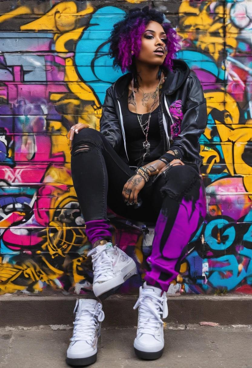 The most beautiful and sexy punk rock girl, black Afro, black and purple, blue hair, yellow eyes, dark skin, full body, wearing a hoodie, Graphic design jacket and torn skinny jeans, tons of tattoos and piercings, Perfect masterpiece, high quality, High resolution, big tits