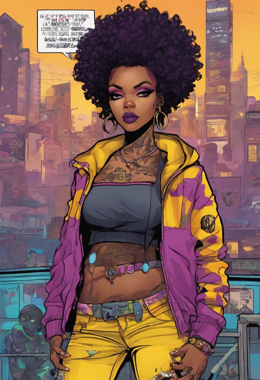 The most beautiful and sexy punk rock girl, black Afro, black and purple, blue hair, yellow eyes, dark skin, full body, wearing a hoodie, Graphic design jacket and torn skinny jeans, tons of tattoos and piercings, Perfect masterpiece, high quality, High resolution, big tits