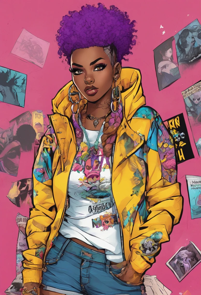 The most beautiful and sexy punk rock girl, black Afro, black and purple, blue hair, yellow eyes, dark skin, full body, wearing a hoodie, Graphic design jacket and torn skinny jeans, tons of tattoos and piercings, Perfect masterpiece, high quality, High resolution, big tits