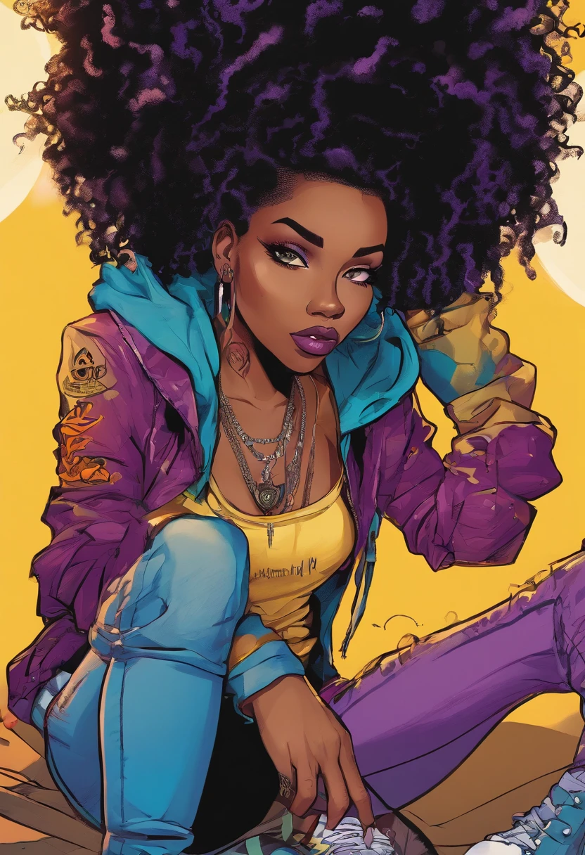 beautyful strong african woman, african skin, huge full curly purple hair, green mouth, leopard beach clotches, black boots, hoop earring, green aviator glasses, purple chocker, dragon tattoo, night, purple lights, shy smile