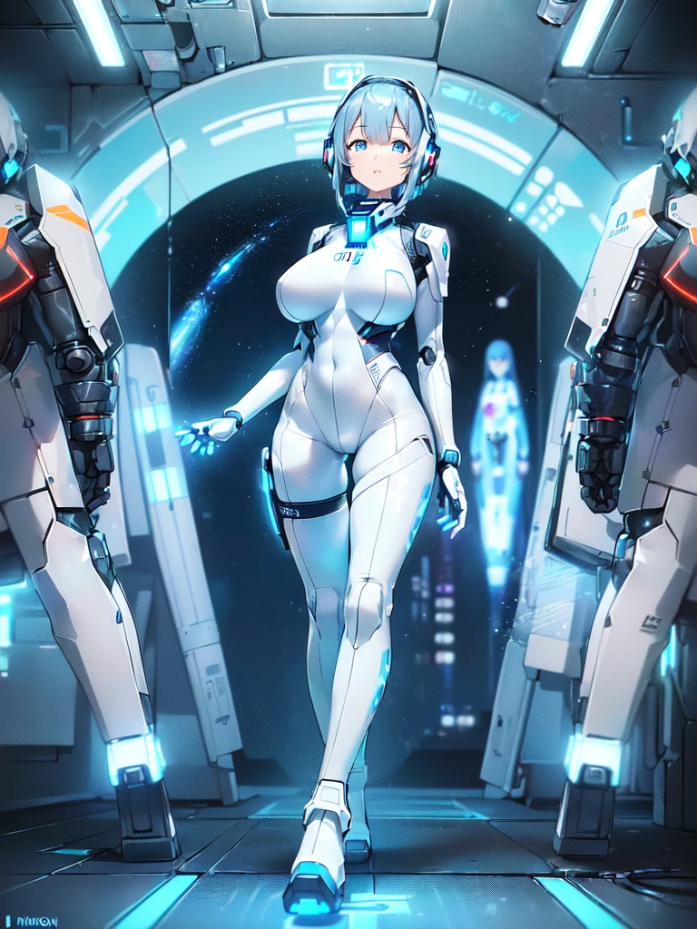 ​masterpiece:1.4, 1girl in ((20yr old, Wearing a futuristic white and silver costume, Tight Fit Bodysuit, long boots, Very gigantic-breasts, (Colorful blue hair):1.3, a short bob, Perfect model body, Blue eyes:1.2, Wearing headphones, Looking out the window of the futuristic sci-fi space station、While admiring the beautiful galaxy:1.2, SFSF control room on night background:1.1, Neon and energetic atmosphere:1.2)) ((Galaxy)),mecha musume,Headgear,Mechanical parts,Robot joints