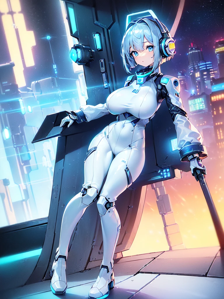 masterpiece:1.4, 1girl in ((20yr old, Wearing a futuristic white and silver costume, Tight Fit Bodysuit, long boots, Very gigantic-breasts, (Colorful blue hair):1.3, a short bob, Perfect model body, Blue eyes:1.2, Wearing headphones, Looking out the window of the futuristic sci-fi space station、While admiring the beautiful galaxy:1.2, SFSF control room on night background:1.1, Neon and energetic atmosphere:1.2)) ((Galaxy)),mecha musume,Headgear,Mechanical parts,Robot joints