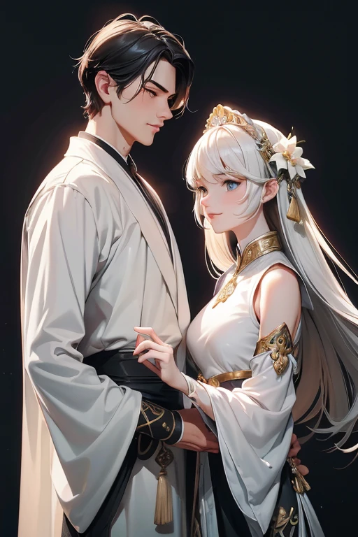 (A couple, beautiful girl and boy), big watery eyes, looking at each other, smiling and wearing white clothes, delicate hair, ancient Chinese beauty, and Handsome guy, wearing ancient Chinese clothing, flowing tulle, light silk, (clean background), ink painting style, clean color, decisive cutting, blank, freehand, super detailed, epic composition, the highest quality, Art Deco, Dutch Golden Age painting, depth of field, anime style, Pop art, Art Deco, Gothic art, backlighting, modern, Surrealism, masterpiece, high quality, 4k, anatomically correct, award winning, HD, ccurate, anatomically correct, super detail, 8k