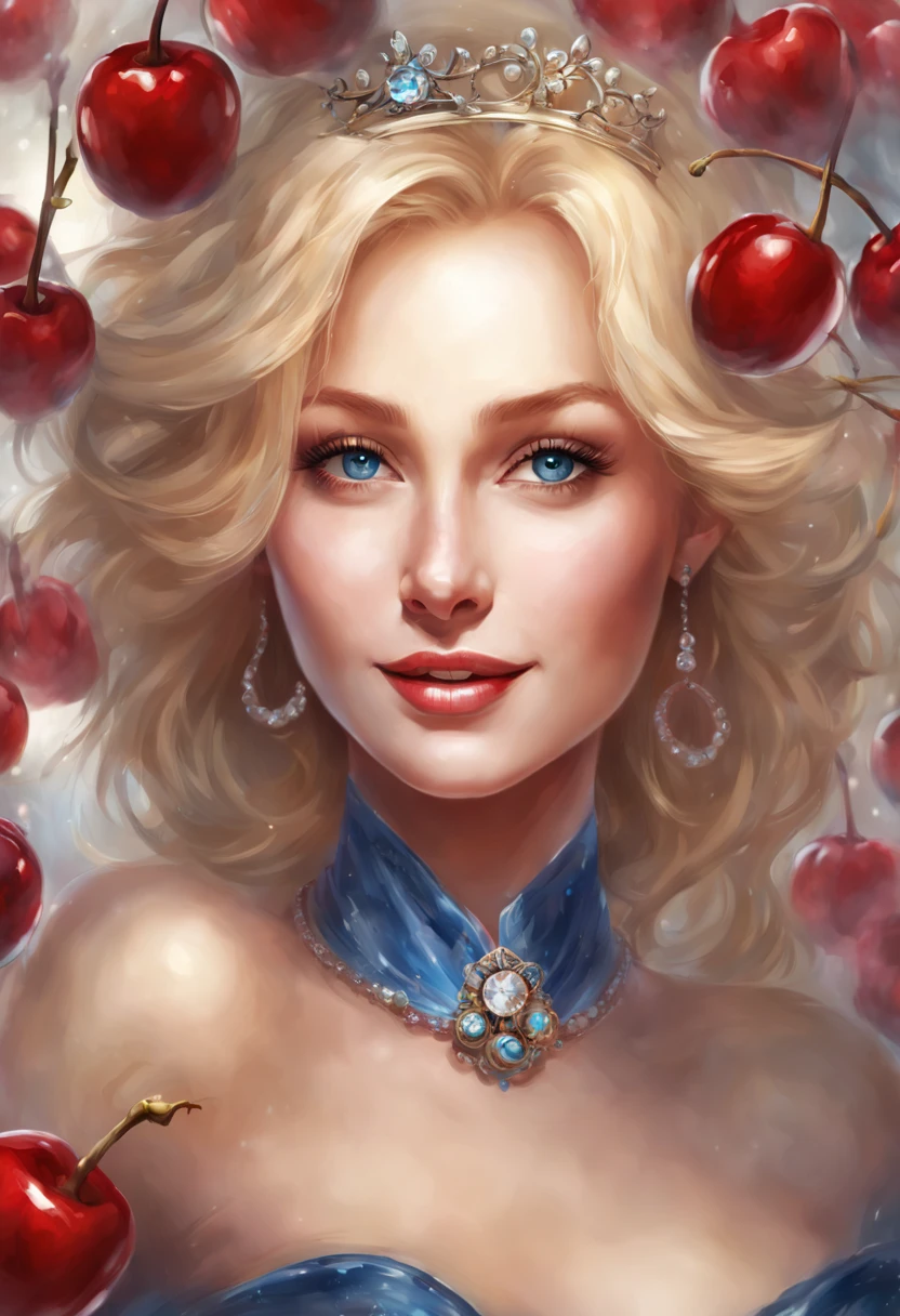 a magnificent woman, blonde, blue eyes, slim, ultra-realistic face, she wears a magnificent smile, she is located in the center of the photo, a luminous halo around her, underneath is written "CHERRY her Majesty"