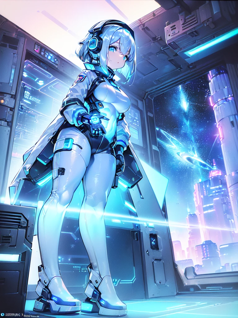 masterpiece:1.4, 1girl in ((20yr old, Wearing a futuristic white and silver costume, Tight Fit Bodysuit, long boots, Very gigantic-, (Colorful blue hair):1.3, a short bob, Perfect model body, Blue eyes:1.2, Wearing headphones, Looking out the window of the futuristic sci-fi space station、While admiring the beautiful galaxy:1.2, SFSF control room on night background:1.1, Neon and energetic atmosphere:1.2)) ((Galaxy))