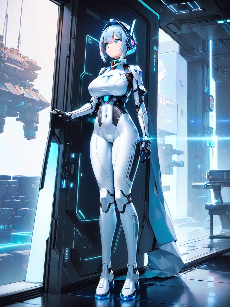 ​masterpiece:1.4, 1girl in ((20yr old, Wearing a futuristic white and silver costume, Tight Fit Bodysuit, long boots, Very gigantic-breasts, (Colorful blue hair):1.3, a short bob, Perfect model body, Blue eyes:1.2, Wearing headphones, Looking out the window of the futuristic sci-fi space station、While admiring the beautiful galaxy:1.2, SFSF control room on night background:1.1, Neon and energetic atmosphere:1.2)) ((Galaxy)),mecha musume,Headgear,Mechanical parts,Robot joints