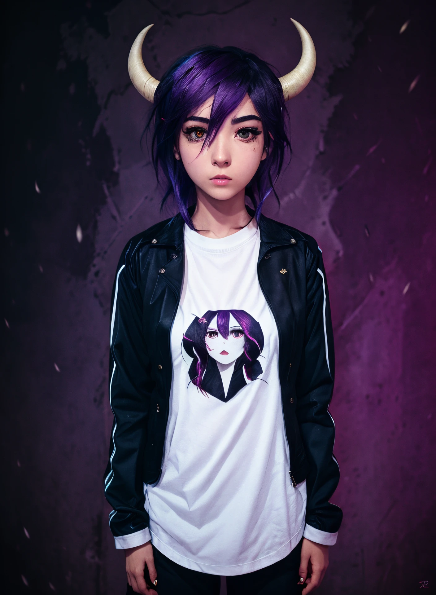 reference sheet of a gothic anime girl with long black to purple hair which is in a middle parts. she has dull purple eyes and a set of ram horns. she is wearing a white eye print shirt and a long navy leather jacket over the top. she is also wearing black cargo trousers and big platform boots. she has a bone tail and is very tall with a big but and chest.