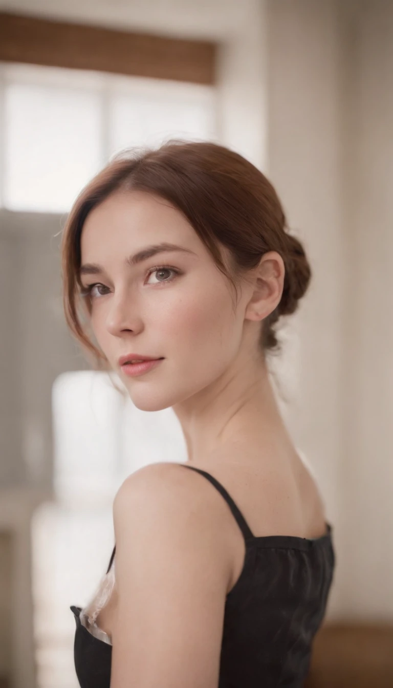 a closeup portrait of a playful maid, undercut hair, natural, naked brest,  wearing an apron, sideways, amazing body, pronounced feminine feature, kitchen, [ash brown| ginger | black hair], freckles, flirting with camera