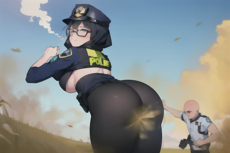 ((hijab girl))),wearing glasses,Yellow smoke,Attacked by farts,Attack with farts,)),(),(()),((wearing a closed Indonesian police shirt with tigh legging and wear black hijab no visible hair)),velocity,, (((Yellow smoke is rising ))),((Hip Attack)),((),((Facing this way))),masterpiece:1.2、top-quality)、(the Extremely Detailed CG Unity 8K Wallpapers、ultra-detailliert、Best Shadows)、(细致背景)、(The best lighting、extremely delicate and beautiful)、depth of fields,((Girl fart)),(),(((((There is a male and a female police.......))))),(((Female police attacks male in the face with a hip attack..))),(((high-handed female police)),((())),((big boob)),((big butt)),(()),(()),()),((farting in training field)),((farting on training field,))((training field)),()),()),(()),((big fart)),((loud fart)),(())