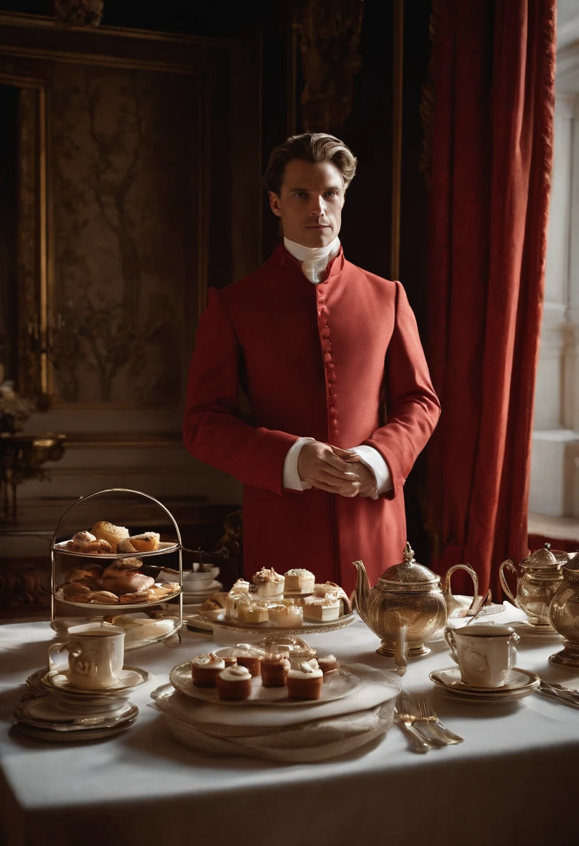 An image of Waterford elegantly sipping a cup of black tea at a beautifully set table with a spread of decadent desserts.,The Handmaid's Tale,Fred Waterford, a character from “The Handmaid’s Tale,” presents a commanding figure with a stern, composed demeanor, often seen in the authoritative, formal attire befitting his high-ranking position in the dystopian regime of Gilead. His neat appearance, with a clean-shaven face and well-groomed hair, masks the cruelty and manipulation he is capable of as one of the architects of the oppressive society. , male