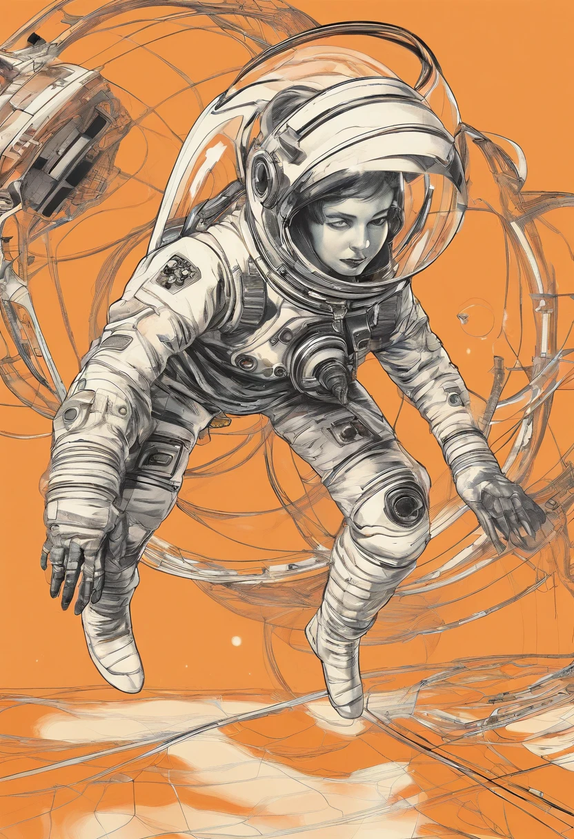 Masterpiece, superlative, realistic, female space pilot wearing a futuristic space suit, latex, gold, white, shiny, top, shorts, bare waist, HD, the girl is floating around in horizontal pose, no gravity, weightless, flying around, through a small window a alien planet is visible, low light in the space cabin, lots of displayers and instruments are the main source for the light in the scene, displayers in orange and blue light, cinematic lighting in the hair, hair light, hair flying around because of the zero gravity