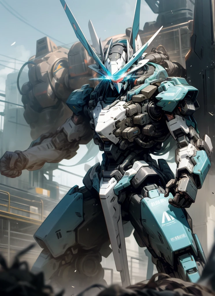 Black and blue, mecha, realistic, 4k, fighting other mechs, no_humans, holding_weapon, sky, glowing_eyes