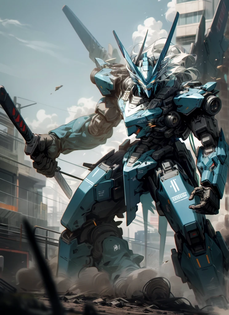 Black and blue, mecha, realistic, 4k, fighting other mechs, no_humans, holding_weapon, sky, glowing_eyes