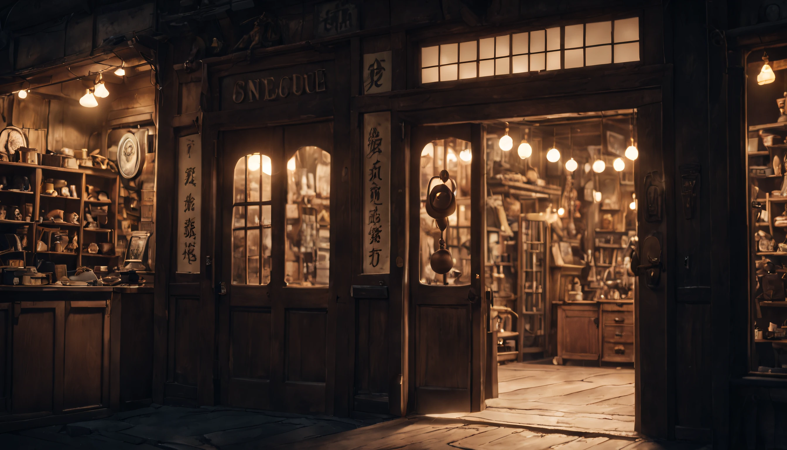 a cinematic still from an anime movie, quaint interior of an antique shop, shop door is visible with a small bell hanging above the door, high res, Sony fe 24-70mm f/2.8 gm, 32k UHD, moody lighting, muted cinematic color grading --ar 16:9