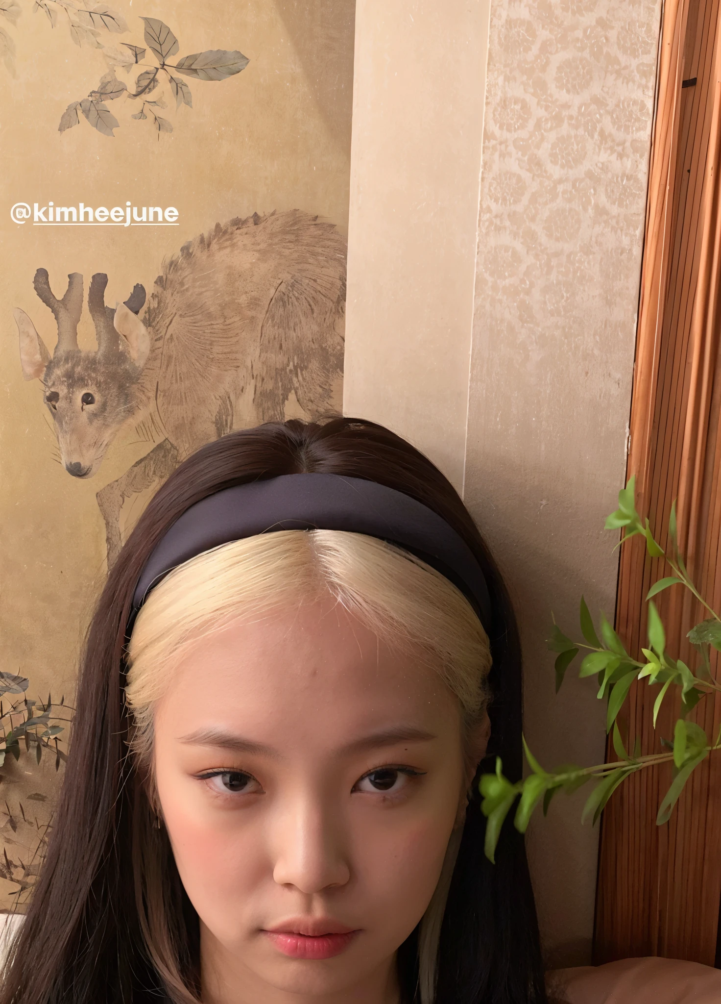 hay una mujer con una diadema sosteniendo una planta, Retrato de Jossi de Blackpink, Taejune Kim, Blackpink Jennie, Parque Roseanne de Blackpink, Jaeyeon Nam, Hairband, Jossi de Blackpink, Asian face, Su cabello es blanco, Kim Doyoung, Heonhwa Choe, Jinyoung Shin, usar una diadema, Korean symmetrical face