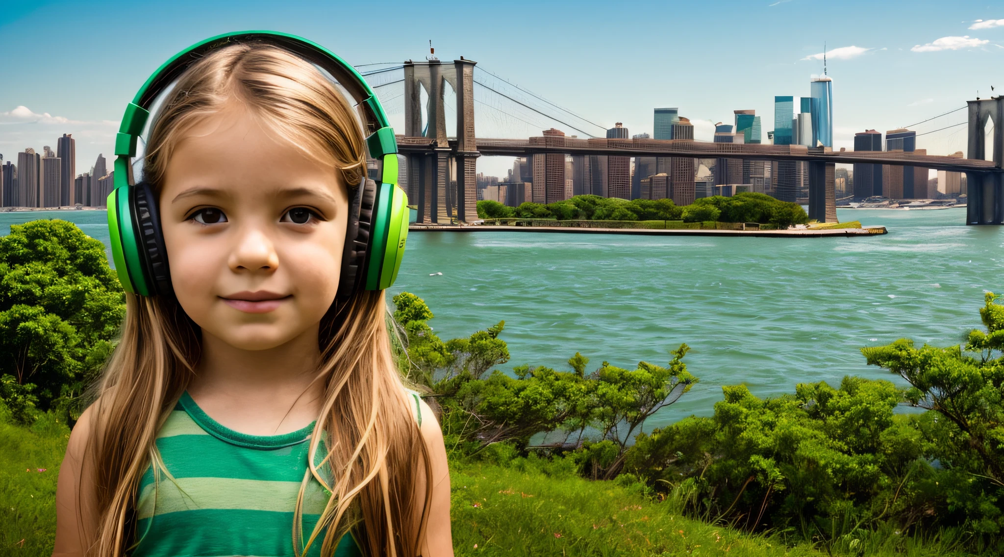 KIDS GIRLS WITH BLONDE HAIR HEADPHONE close up a bridge over a body of water near a city, Fundo de Nova York detalizado, fundo brooklyn, brilho verde, Fundo da cidade de Nova Iorque, Fundo de Nova Iorque, verde brilhante, Brilho Verde, brilho radioativo verde, luz ambiente verde, cores verdes doentias, neon verde, tema colorido verde, new york backdrop, green lighting, fundo de tela verde
