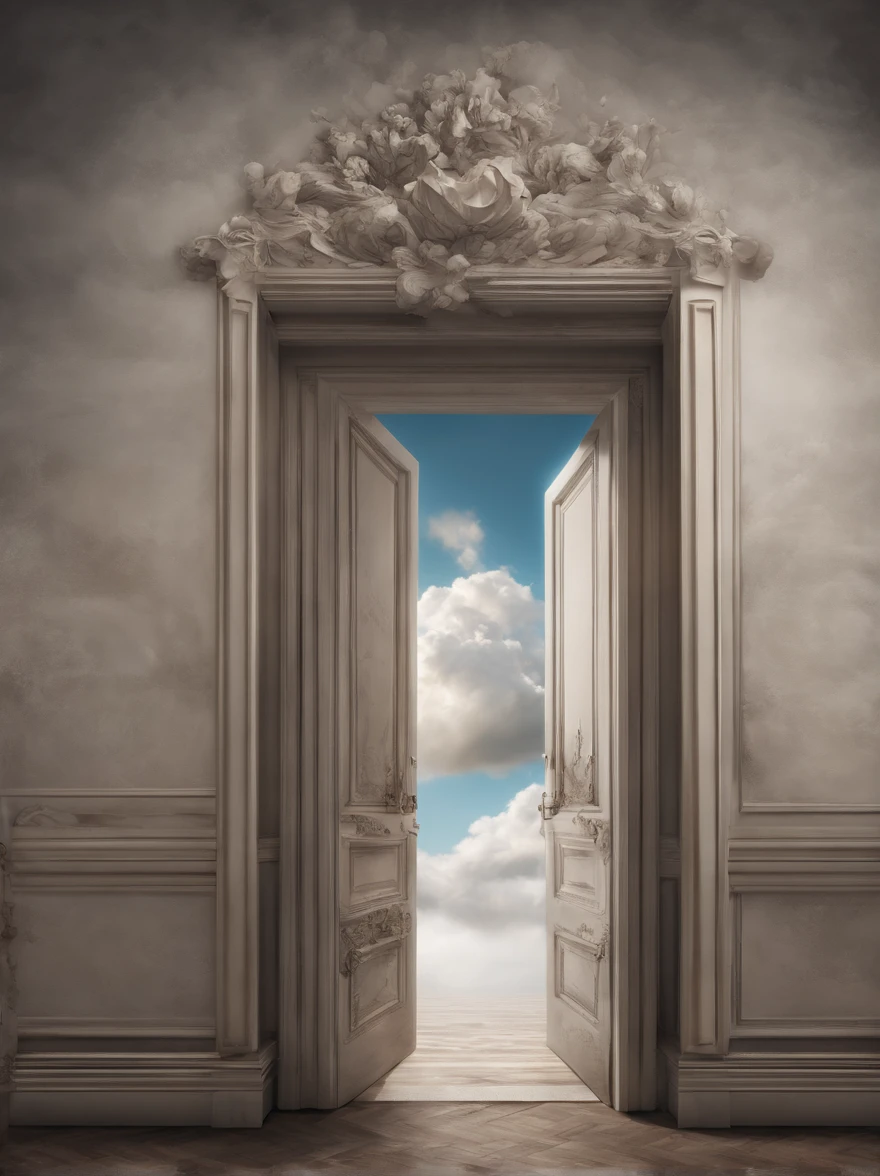 a close-up of a door leading to a cloud in the sky, Hyper realistic clouds, dreamlike surrealism, Dreams invade worldly spaces, Surreal clouds, surrealism!!!!, surrealist art, Portail magique dans le ciel, whimsical surrealism, Portal of Dreams, dans un nuage, In the style of René Magritte, Surrealist photography, Ouvrir le portail vers une autre dimension, Portail vers un autre monde