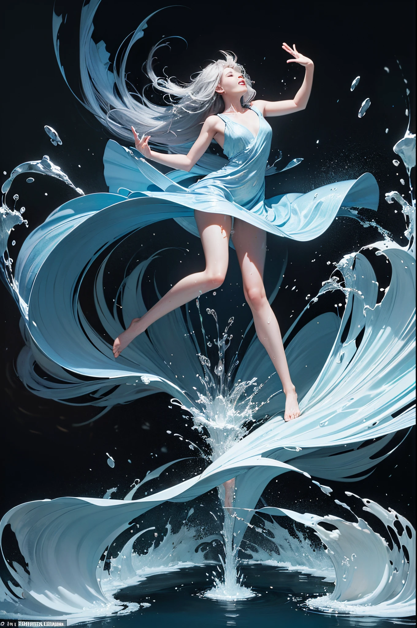 (The main subject: Wide-angle lens), (((Full Body Photo:2.0))), Dark Sky, Big Moon, (Abstract Art:1.5), (Soft light, soft glow:0.8), 1girl in, Korean girl yo, Silver long hair, Dark eyes, Perfect Skin, Perfect face, Wear Light-Blue Dress, Wet dress, Night, A sexy, look at viewer,((Dancing)), (A powerful water ball in her hand, water and thunder whirling around ball), tranquil atmosphere,liquids:1.3, Floating in the sea,Satisfied face, (Water heavy whirling around girl, around hands and body, splash), Big Moon in Background