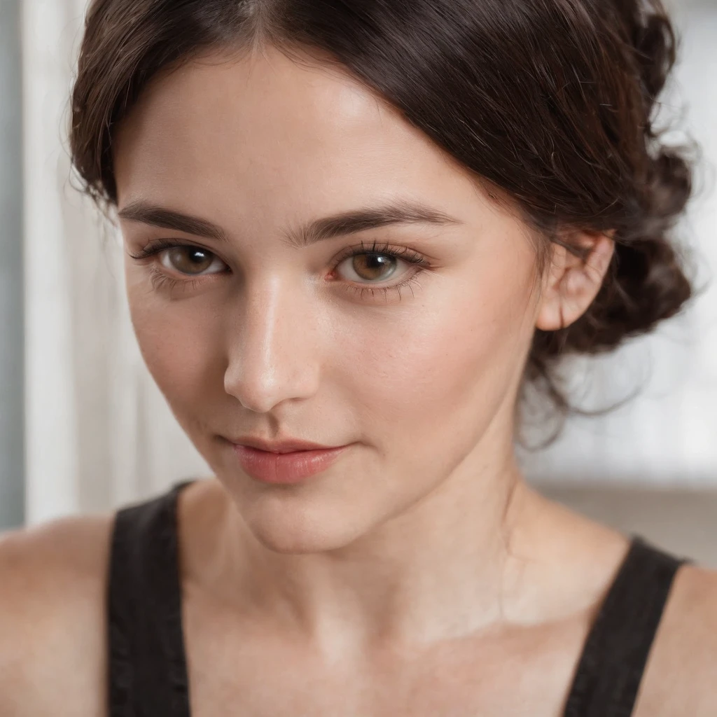 a closeup portrait of a playful maid, undercut hair, natural, naked, nude brest, wearing an apron, sideways, amazing body, pronounced feminine feature, kitchen, [black hair], freckles, flirting with camera