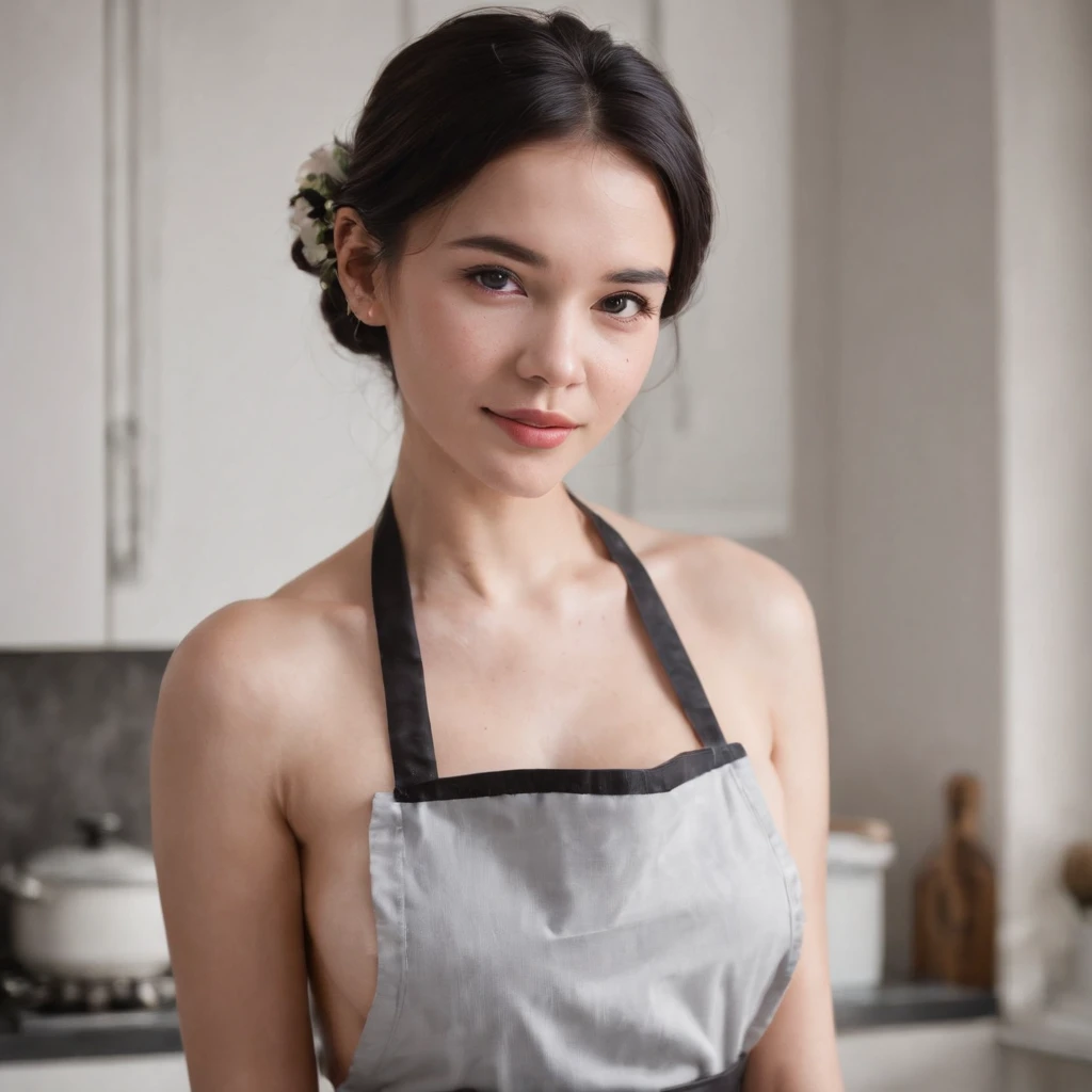 a closeup portrait of a playful maid, undercut hair, natural, naked, nude brest, wearing an apron, sideways, amazing body, pronounced feminine feature, kitchen, [black hair], freckles, flirting with camera