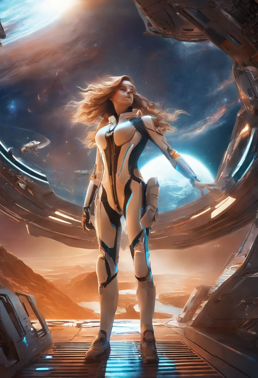 Masterpiece, superlative, realistic, female space pilot wearing a futuristic space suit, latex, gold, white, shiny, top, shorts, bare waist, HD, the girl is floating around in horizontal pose, no gravity, weightless, flying around, through a small window a alien planet is visible, low light in the space cabin, lots of displayers and instruments are the main source for the light in the scene, displayers in orange and blue light, cinematic lighting in the hair, hair light, hair flying around because of the zero gravity