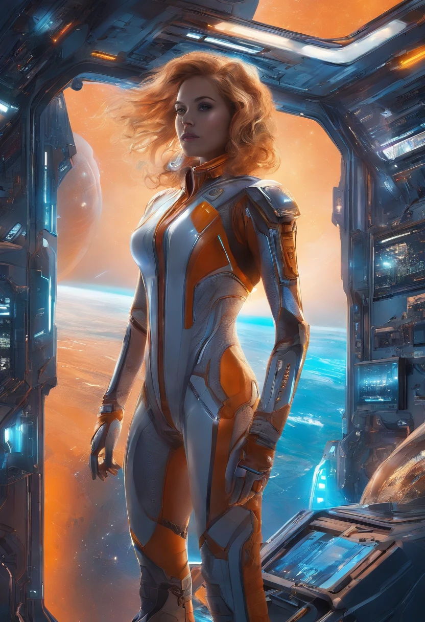 Masterpiece, superlative, realistic, female space pilot wearing a futuristic space suit, latex, gold, white, shiny, top, shorts, bare waist, HD, the girl is floating around in horizontal pose, no gravity, weightless, flying around, through a small window a alien planet is visible, low light in the space cabin, lots of displayers and instruments are the main source for the light in the scene, displayers in orange and blue light, cinematic lighting in the hair, hair light, hair flying around because of the zero gravity
