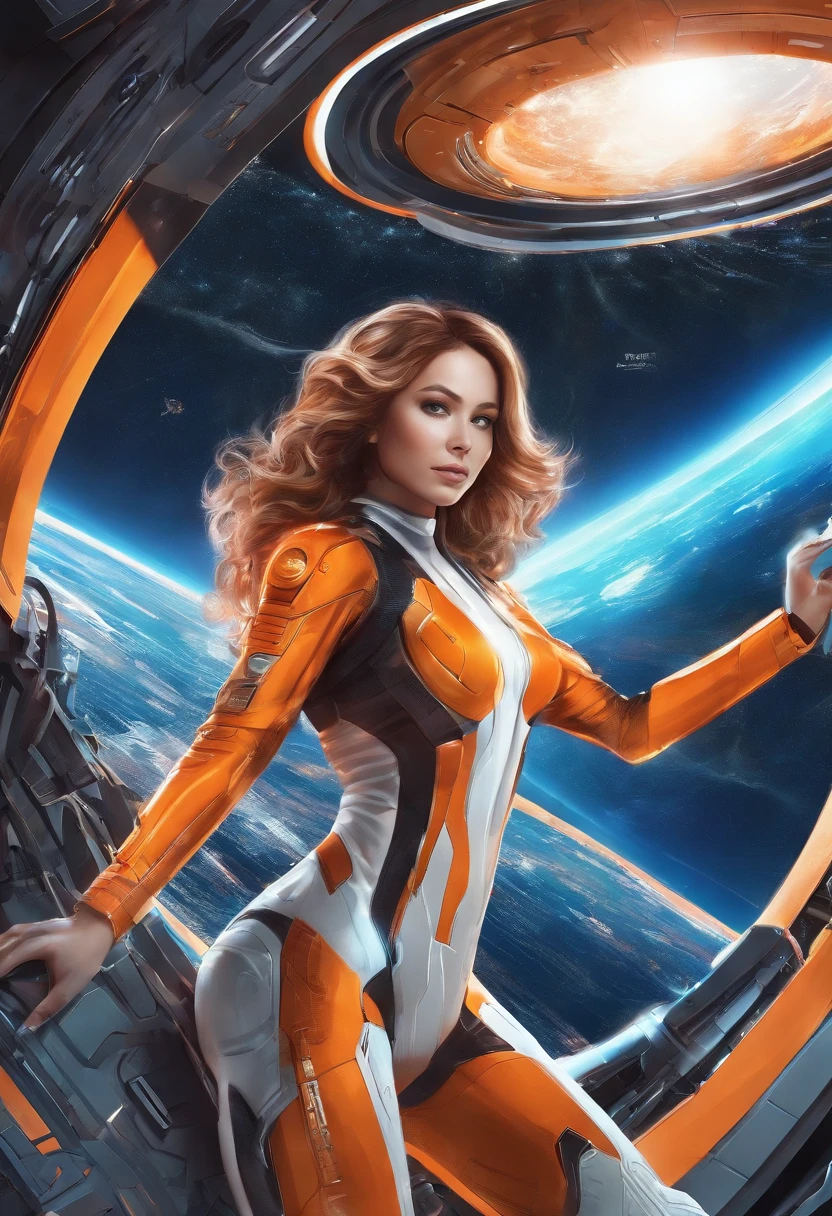 Masterpiece, superlative, realistic, female space pilot wearing a futuristic space suit, latex, gold, white, shiny, top, shorts, bare waist, HD, the girl is floating around in horizontal pose, no gravity, weightless, flying around, through a small window a alien planet is visible, low light in the space cabin, lots of displayers and instruments are the main source for the light in the scene, displayers in orange and blue light, cinematic lighting in the hair, hair light, hair flying around because of the zero gravity
