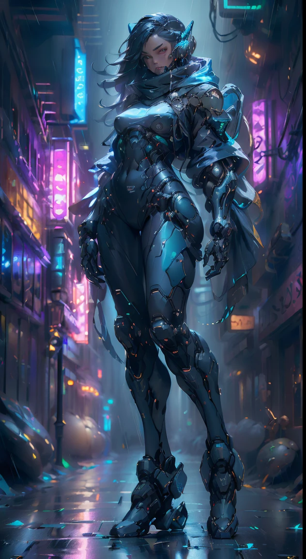 (full body:1.8), (action-packed:1.8),
caustics,reflection,ray tracing, woman, (blue_theme:1.3), (grey_theme:1.3), (mecha musume, mechanical parts ,robot joints, mechanical arm, mechanical legs, headgear, intricate mechanical bodysuit, mechanical energy wings), (robes), very long hair, black hair, blue eyes, glowing eye, eye trail, random expressions, french city, alley, dark alley, night time, raining, neon lights, absurdres,(Classic headshot pose), cyberpunk city,
((best quality)), ((masterpiece)), detailed soft oil painting, detailed background, dramatic cinematic lighting, soft edge lighting, professional, dramatic lighting, hard edge lighting,
ultra quality, 4k,(masterpiece, best quality, 8k, ultra highres, highres:1.4), extremely detailed