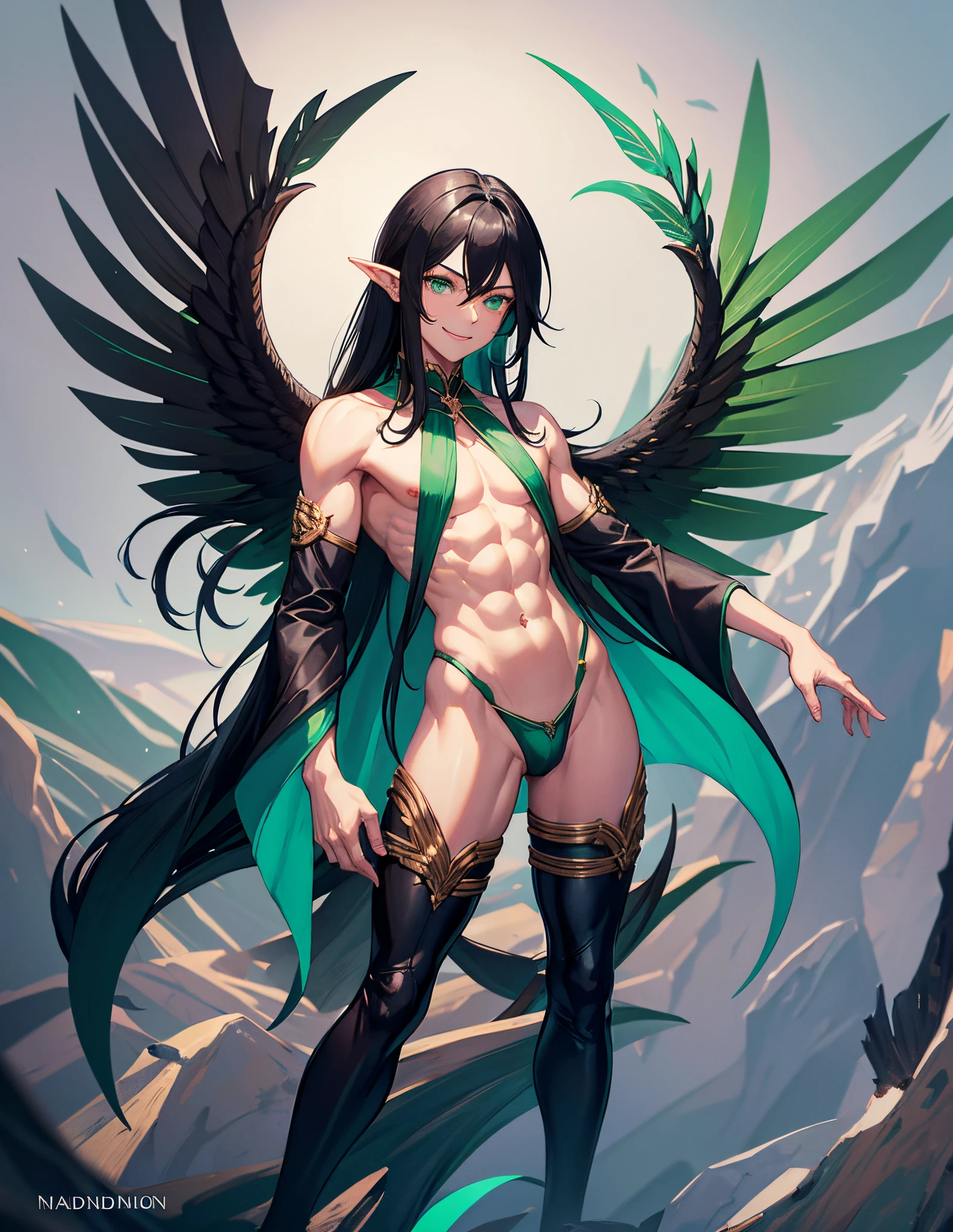 Black long hair, green eyes, dnd male halfling, wings on back, androgynous, full body portrait, flat chest, defined muscle, smiling, nsfw, bulge