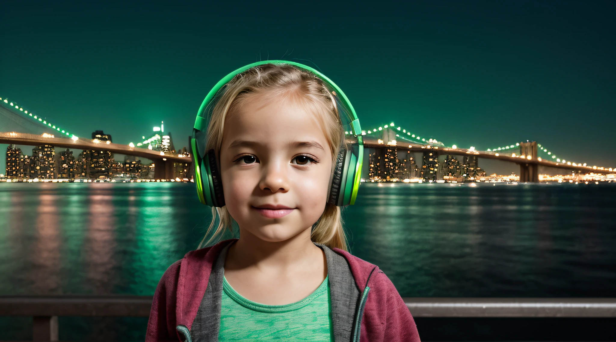 KIDS GIRLS WITH BLONDE HAIR HEADPHONE close up a bridge over a body of water near a city, Fundo de Nova York detalizado, fundo brooklyn, brilho verde, Fundo da cidade de Nova Iorque, Fundo de Nova Iorque, verde brilhante, Brilho Verde, brilho radioativo verde, luz ambiente verde, cores verdes doentias, neon verde, tema colorido verde, new york backdrop, green lighting, fundo de tela verde