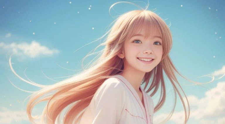Illustration of an adorable anime girl with a shy smile, her hair flowing gracefully with a light breeze. The soft hues of her outfit and the dreamy backdrop create a serene and heartwarming scene.