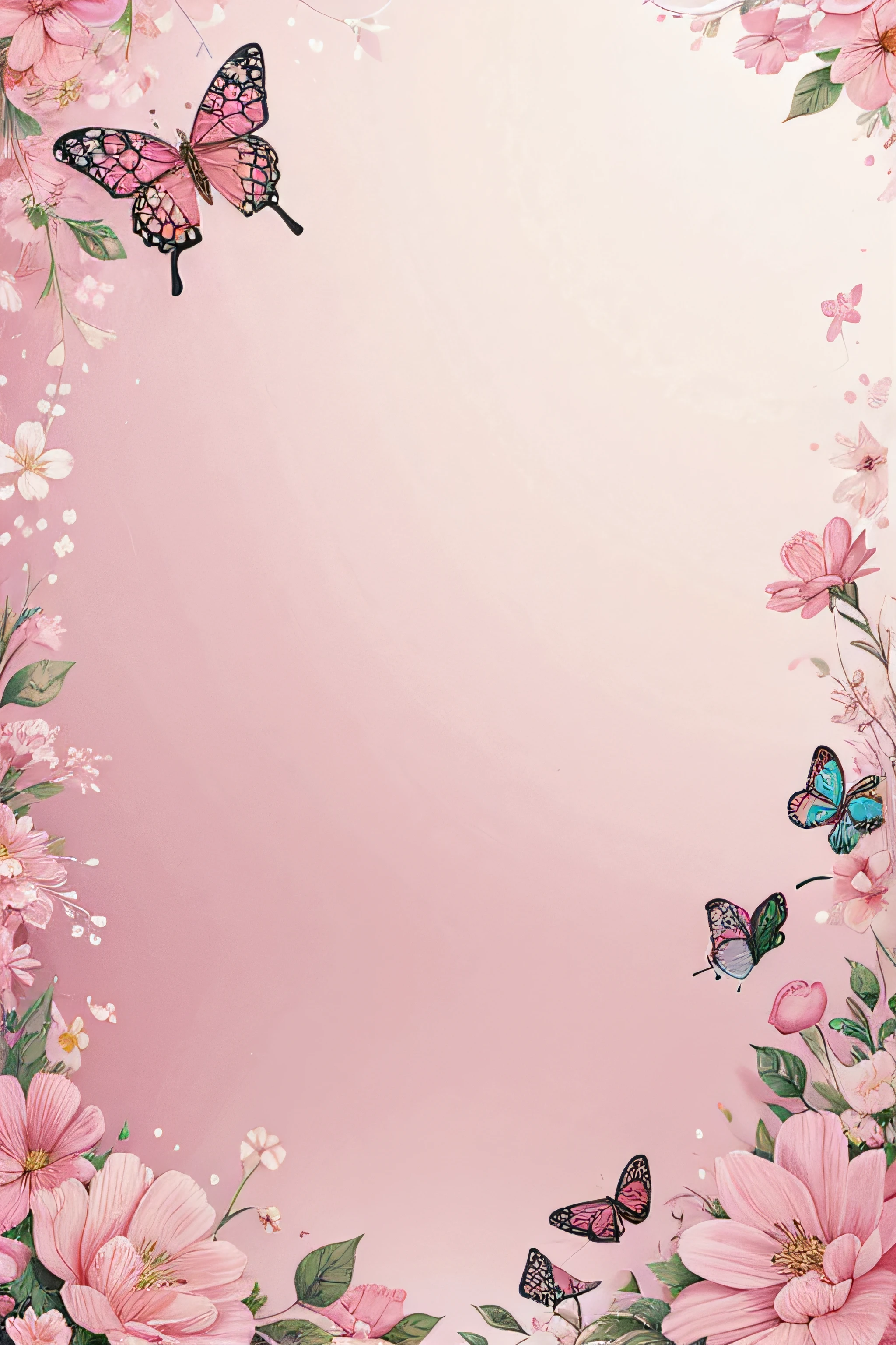 cute floral with beautiful butterflies in shades of pink, in different sizes, on a pink garden background in painting style