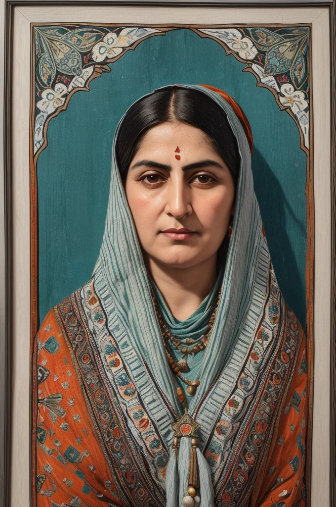 ((front view)) , Persian Qajar period woman , ((30 years old)) , , (gray and white hair) , in traditional teal and orange clothes include (((fish pattern on textile))) , background contains painting of(( nightingale)) among orchid and tulip flowers, floral frame , ((perfect rectangular frame))
