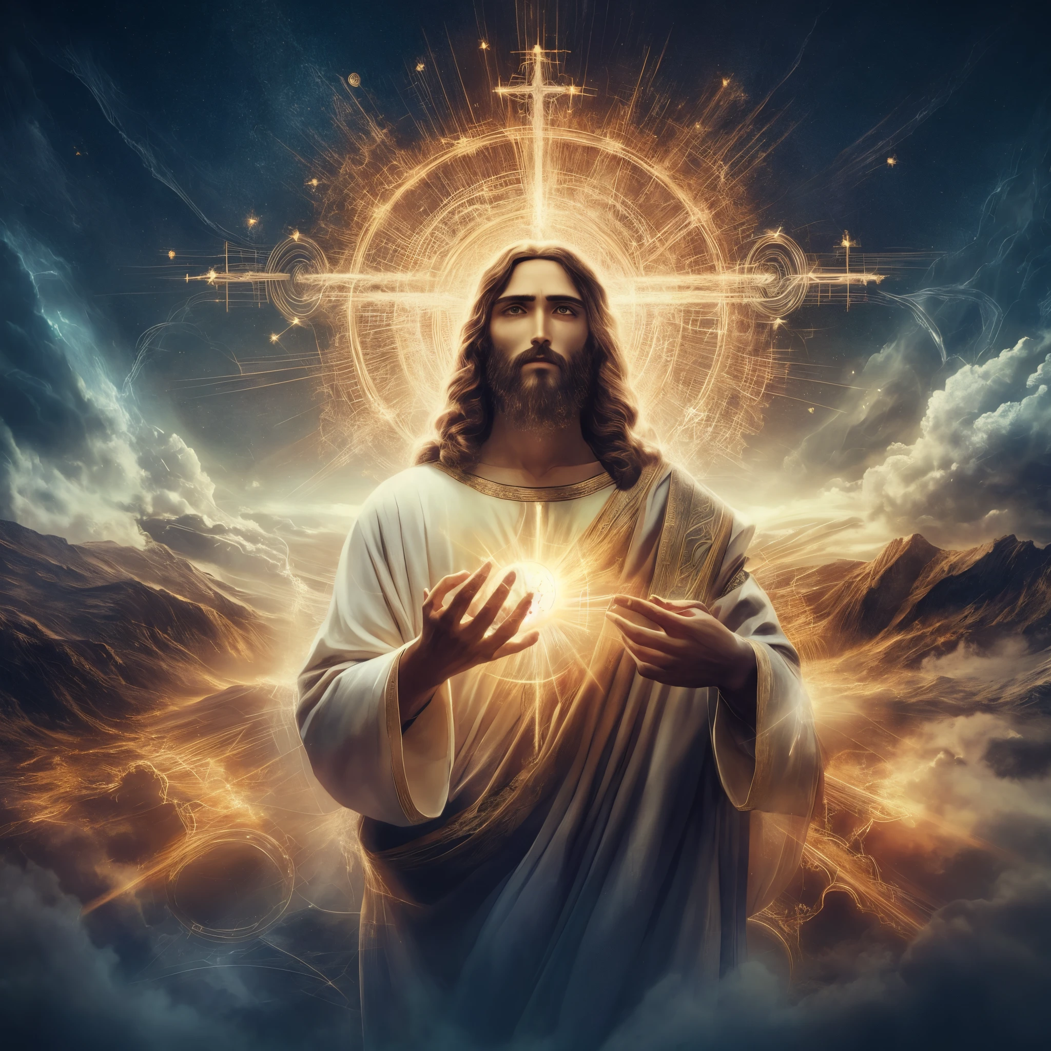 jesus holding a glowing ball in his hands, holy sacred light rays, holy energy, jesus christ, religious imagery, holy imagery, the lord and savior, second coming, visible holy aura, spiritual light, holy light, young almighty god, holy rays of spiritual light, glowing holy aura, holy and sacred, glowing god rays, divine light, god light, light of god