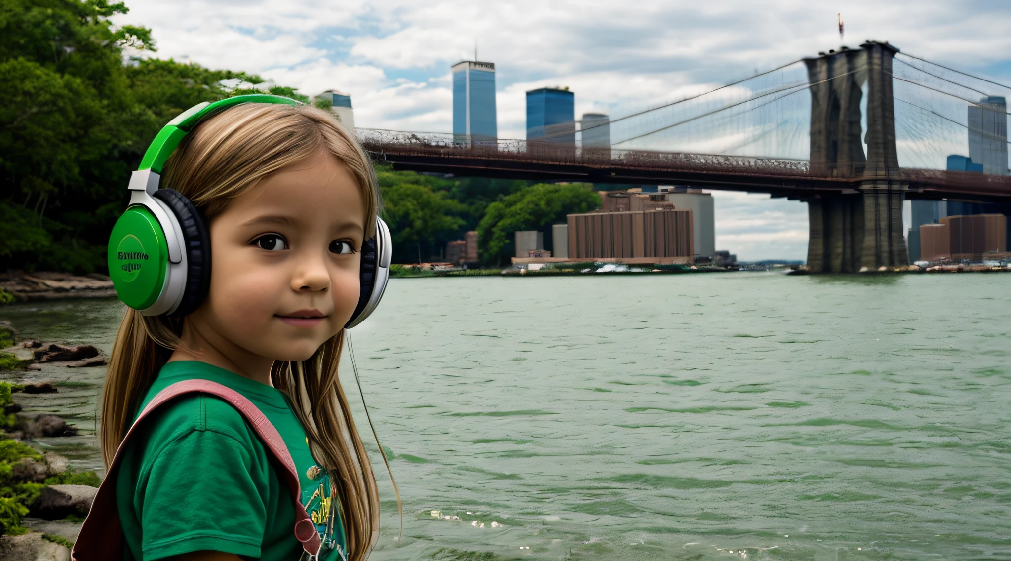 KIDS GIRLS WITH BLONDE HAIR HEADPHONE close up a bridge over a body of water near a city, Fundo de Nova York detalizado, fundo brooklyn, brilho verde, Fundo da cidade de Nova Iorque, Fundo de Nova Iorque, verde brilhante, Brilho Verde, brilho radioativo verde, luz ambiente verde, cores verdes doentias, neon verde, tema colorido verde, new york backdrop, green lighting, fundo de tela verde