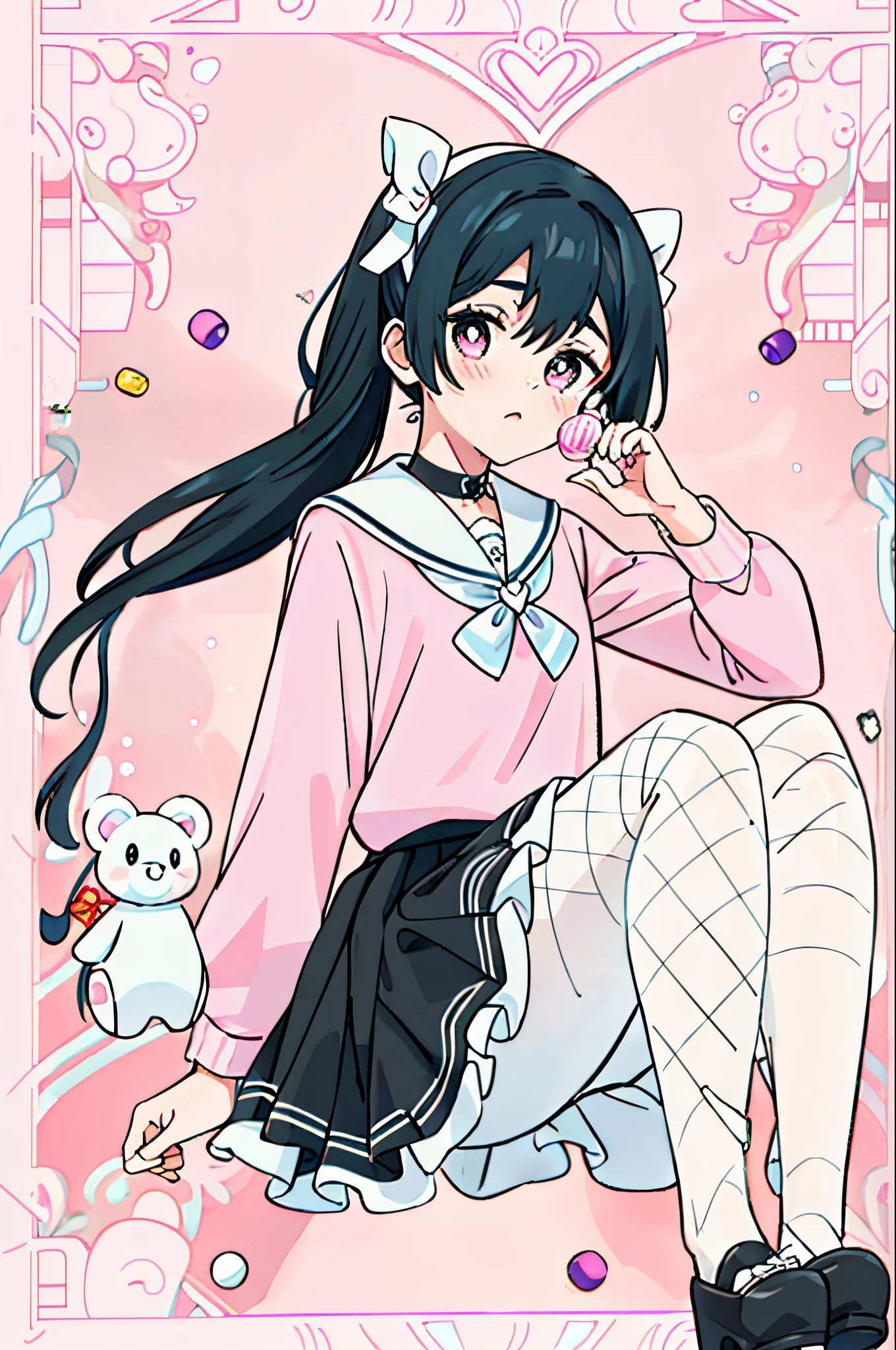 masterpiece, best quality, (jirai_kei),1girl, solo, long_hair, looking_at_viewer, shirt, black_hair, long_sleeves, bow, ribbon, twintails, sitting, monochrome, hair_bow, heart, pantyhose, frills, food, shoes, choker, blunt_bangs, black_skirt, pink_eyes, stuffed_toy, pink_background, stuffed_animal, frilled_skirt, pink_bow, (fishnets), candy, bandaid, pink_shirt, teddy_bear, lollipop, (fishnet_pantyhose), platform_footwear, pink_theme, pill, heart-shaped pupils,