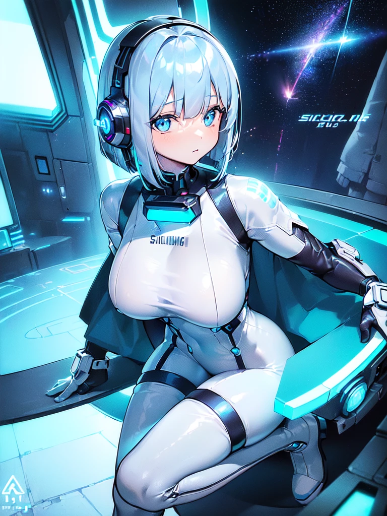 ​masterpiece:1.4, 1girl in ((20yr old, Wearing a futuristic white and silver costume, Tight Fit Bodysuit, long boots, Very gigantic-breasts, (Colorful blue hair):1.3, a short bob, Perfect model body, Blue eyes:1.2, Wearing headphones, Looking out the window of the futuristic sci-fi space station、While admiring the beautiful galaxy:1.2, SFSF control room on night background:1.1, Neon and energetic atmosphere:1.2)) ((Galaxy))