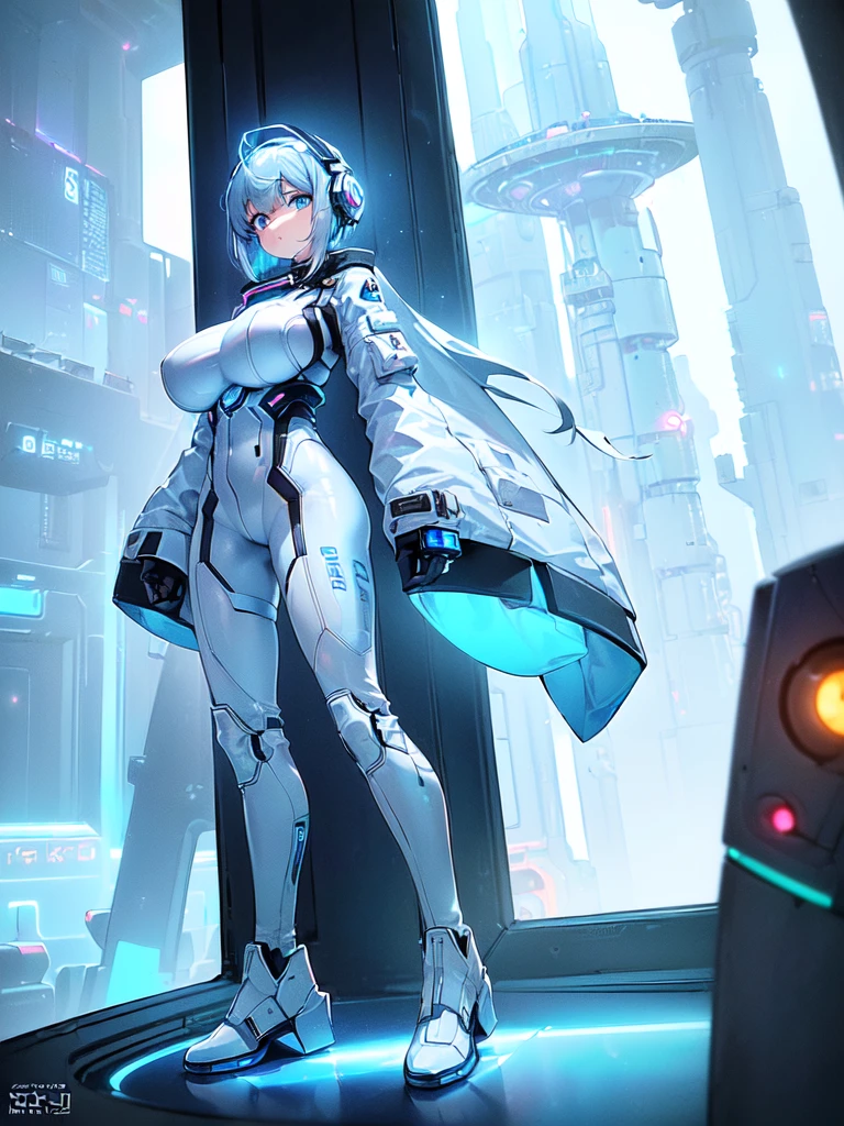 masterpiece:1.4, 1girl in ((20yr old, Wearing a futuristic white and silver costume, Tight Fit Bodysuit, long boots, Very gigantic-breasts, (Colorful blue hair):1.3, a short bob, Perfect model body, Blue eyes:1.2, Wearing headphones, Looking out the window of the futuristic sci-fi space station、While admiring the beautiful galaxy:1.2, SFSF control room on night background:1.1, Neon and energetic atmosphere:1.2)) ((Galaxy))