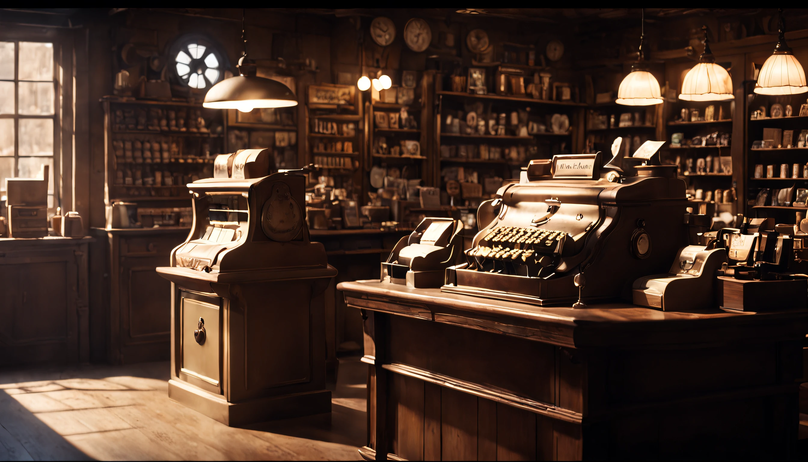 a cinematic still from an anime movie, quaint interior of an antique shop, shop counter with a small antique cash register, high res, Sony fe 24-70mm f/2.8 gm, 32k UHD, moody lighting, muted cinematic color grading --ar 16:9
