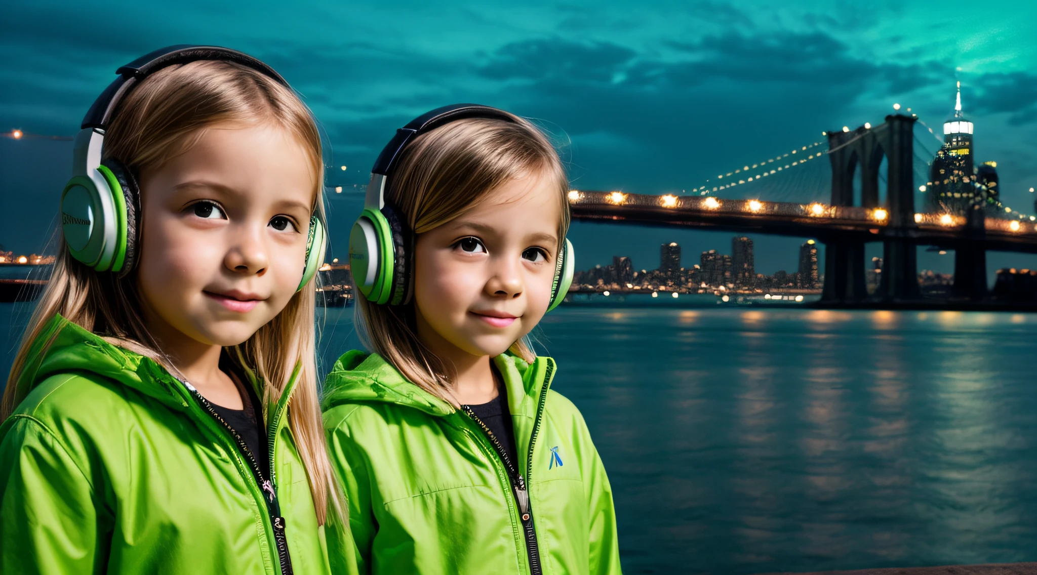 KIDS GIRLS WITH BLONDE HAIR HEADPHONE close up a bridge over a body of water near a city, Fundo de Nova York detalizado, fundo brooklyn, brilho verde, Fundo da cidade de Nova Iorque, Fundo de Nova Iorque, verde brilhante, Brilho Verde, brilho radioativo verde, luz ambiente verde, cores verdes doentias, neon verde, tema colorido verde, new york backdrop, green lighting, fundo de tela verde