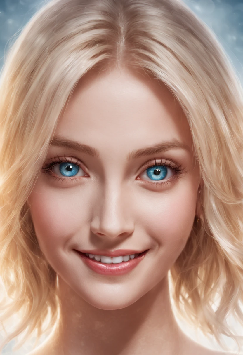 a magnificent woman, blonde, blue eyes, slim, ultra-realistic face, she wears a magnificent smile, she is located in the center of the photo, a luminous halo around her, underneath is written "CHERRY her Majesty"