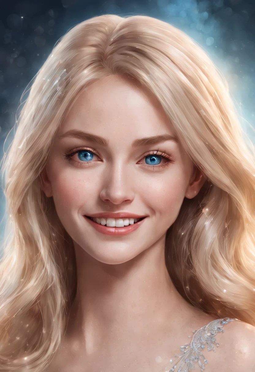 a magnificent woman, blonde, blue eyes, slim, ultra-realistic face, she wears a magnificent smile, she is located in the center of the photo, a luminous halo around her, underneath is written "CHERRY her Majesty"