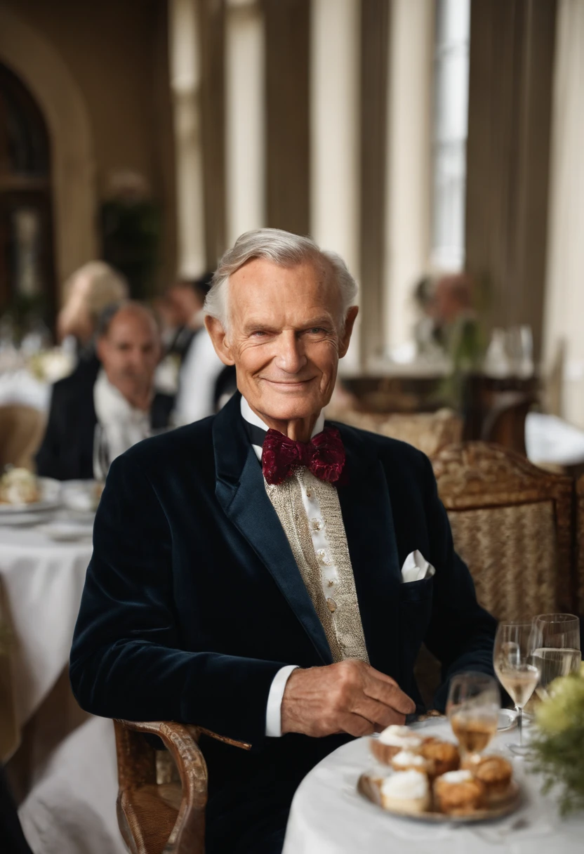 A photo of a luxurious rooftop champagne brunch,original,Hugh Hefner, the founder of Playboy magazine, was known for his distinctive appearance: often clad in luxurious silk pajamas or a smoking jacket, paired with a sailor’s cap or a smoking pipe, projecting an image of casual opulence. He maintained a well-groomed look with his hair neatly combed back, and later in life, he was recognized by his mature, yet charming demeanor., male