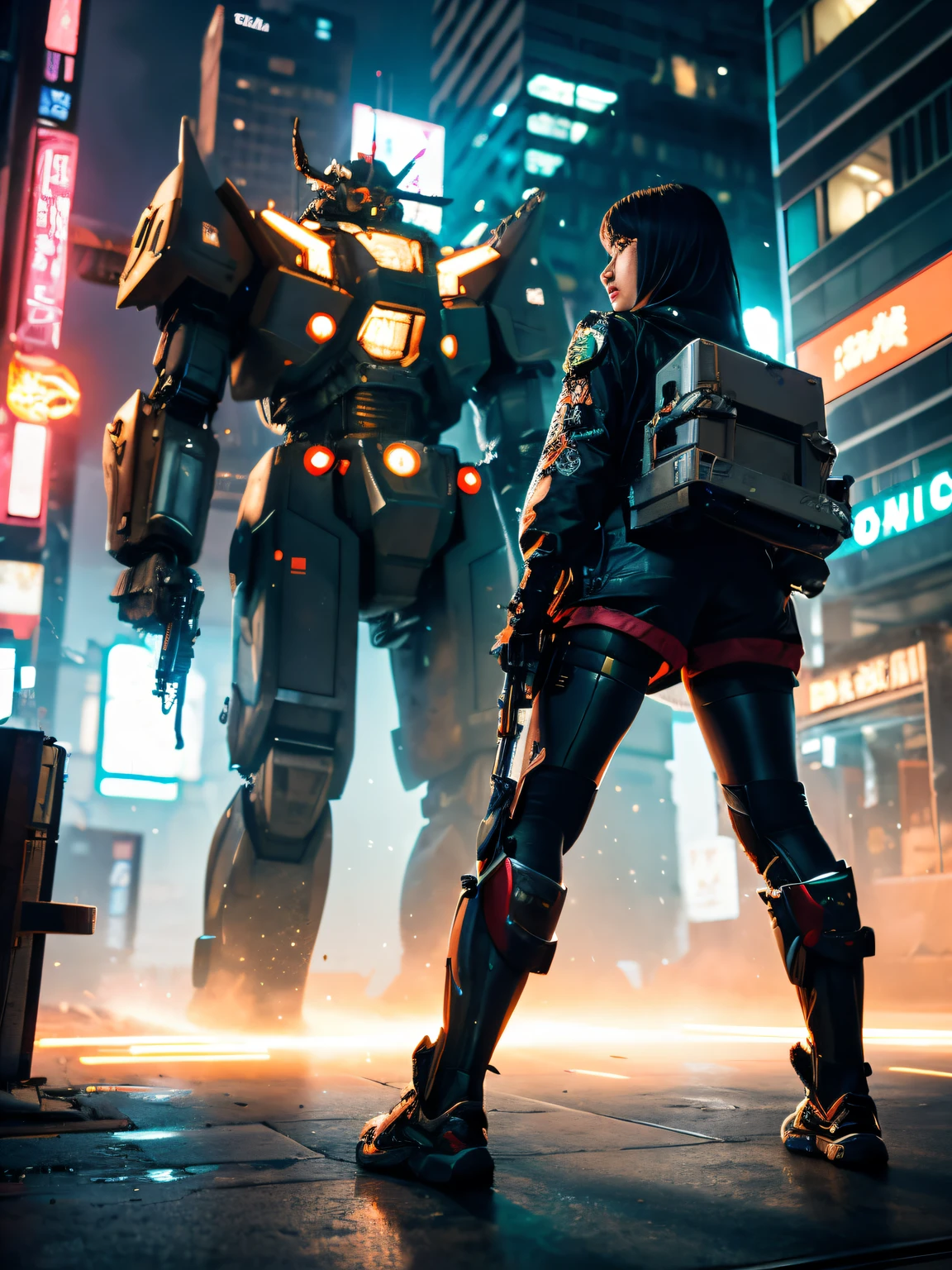 boutique,Best Quality,Gold Jewelry,(Slipping off the foot),Fairy skin,(fidelity :1.2),Ultra-detailed,Realistic,High quality,Movie Light,Ray Tracking,Ultra HD,Upper body, Girl in shorts and jacket standing next to giant robot, Artwork in the style of Gwise, Cyberpunk Mecha, trend in cgstation, guweiz, Russell Dongjun Lu, Digital Cyberpunk Anime Art, ross tran 8 k, guweiz on artstation pixiv, girl in mecha network armor