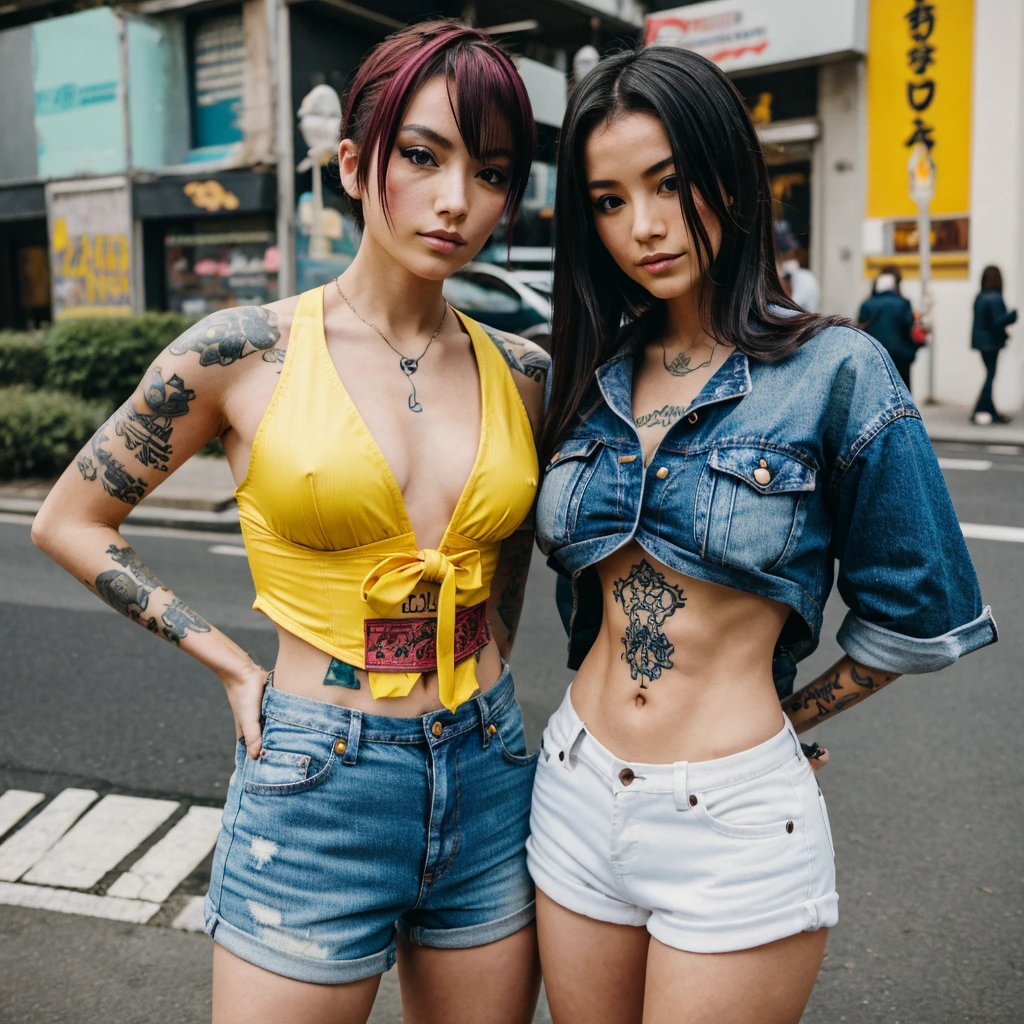 japonaise, cheveux tressés chattain, tatouage au cou, corset jaune, Mini short jean, street, monde apocalyptique
