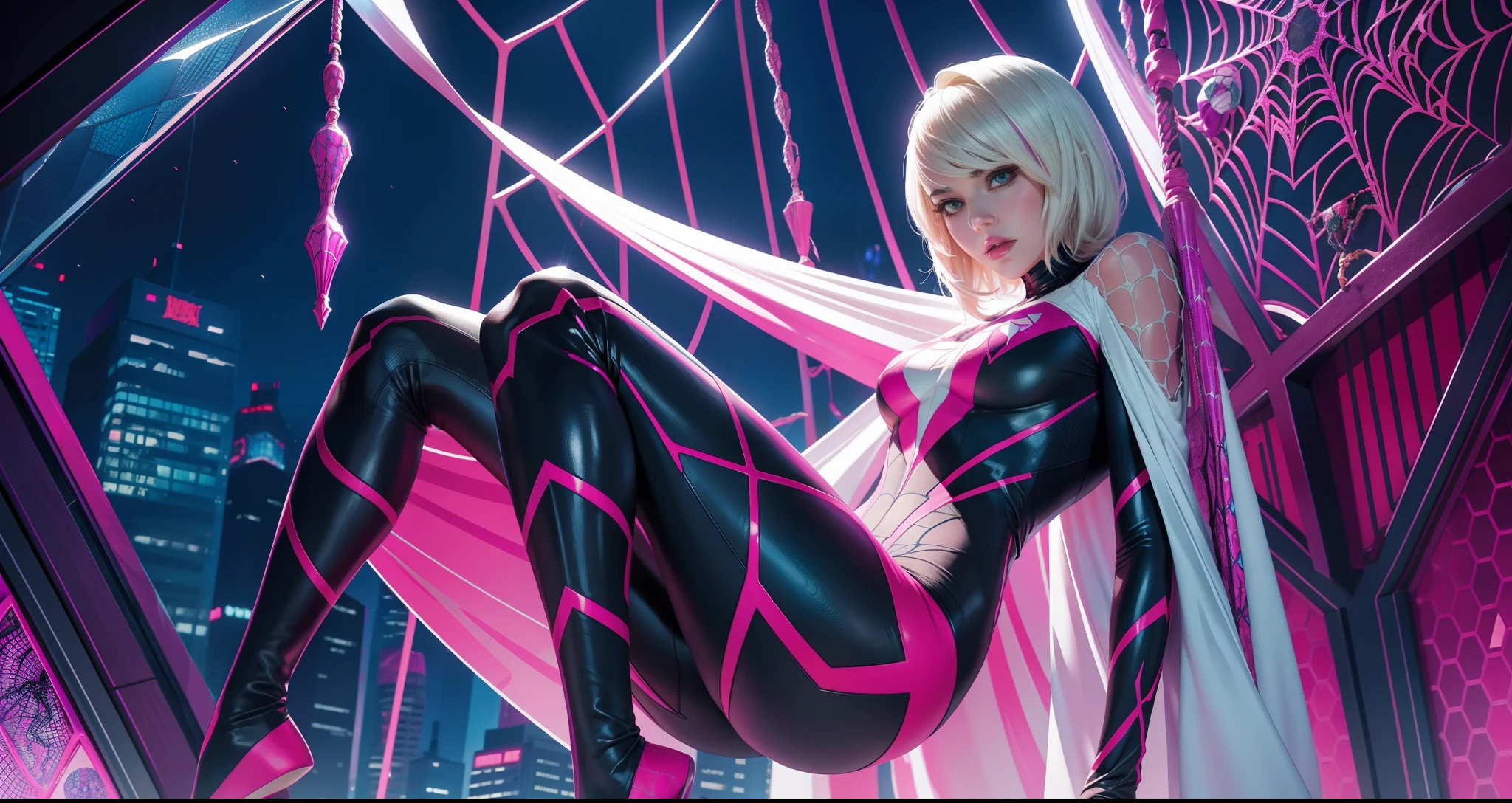 Billionaire spider gwen wears Spider-Armor из комиксов Marvel, Masterpiece, Best Quality, abstract, Psychedelic, Neon, (honeycomb pattern), (creative:1.3), fullbody, swing, Sy3, SMM, fantasy00d