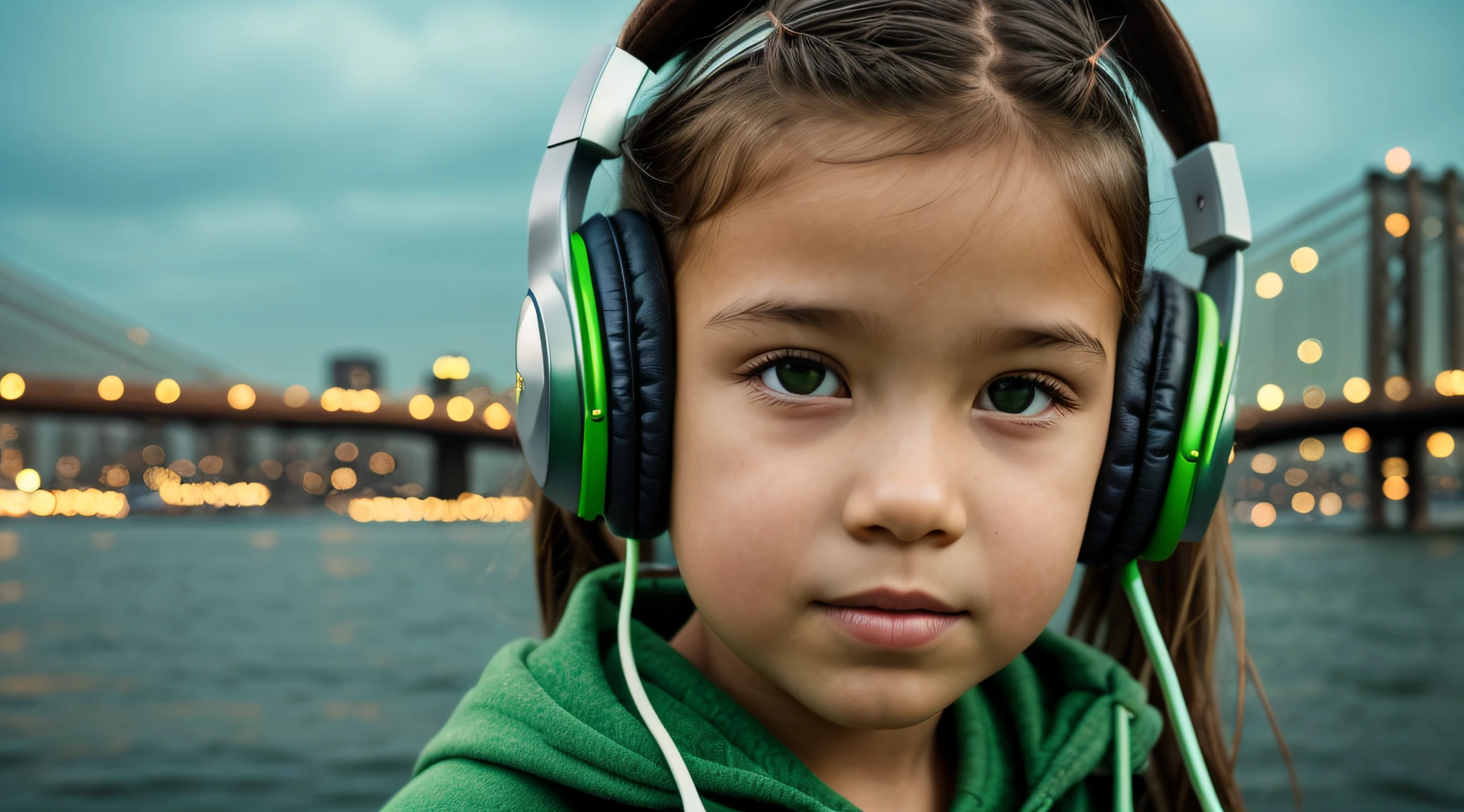 KIDS GIRLS WITH BLONDE HAIR HEADPHONE close up a bridge over a body of water near a city, Fundo de Nova York detalizado, fundo brooklyn, brilho verde, Fundo da cidade de Nova Iorque, Fundo de Nova Iorque, verde brilhante, Brilho Verde, brilho radioativo verde, luz ambiente verde, cores verdes doentias, neon verde, tema colorido verde, new york backdrop, green lighting, fundo de tela verde