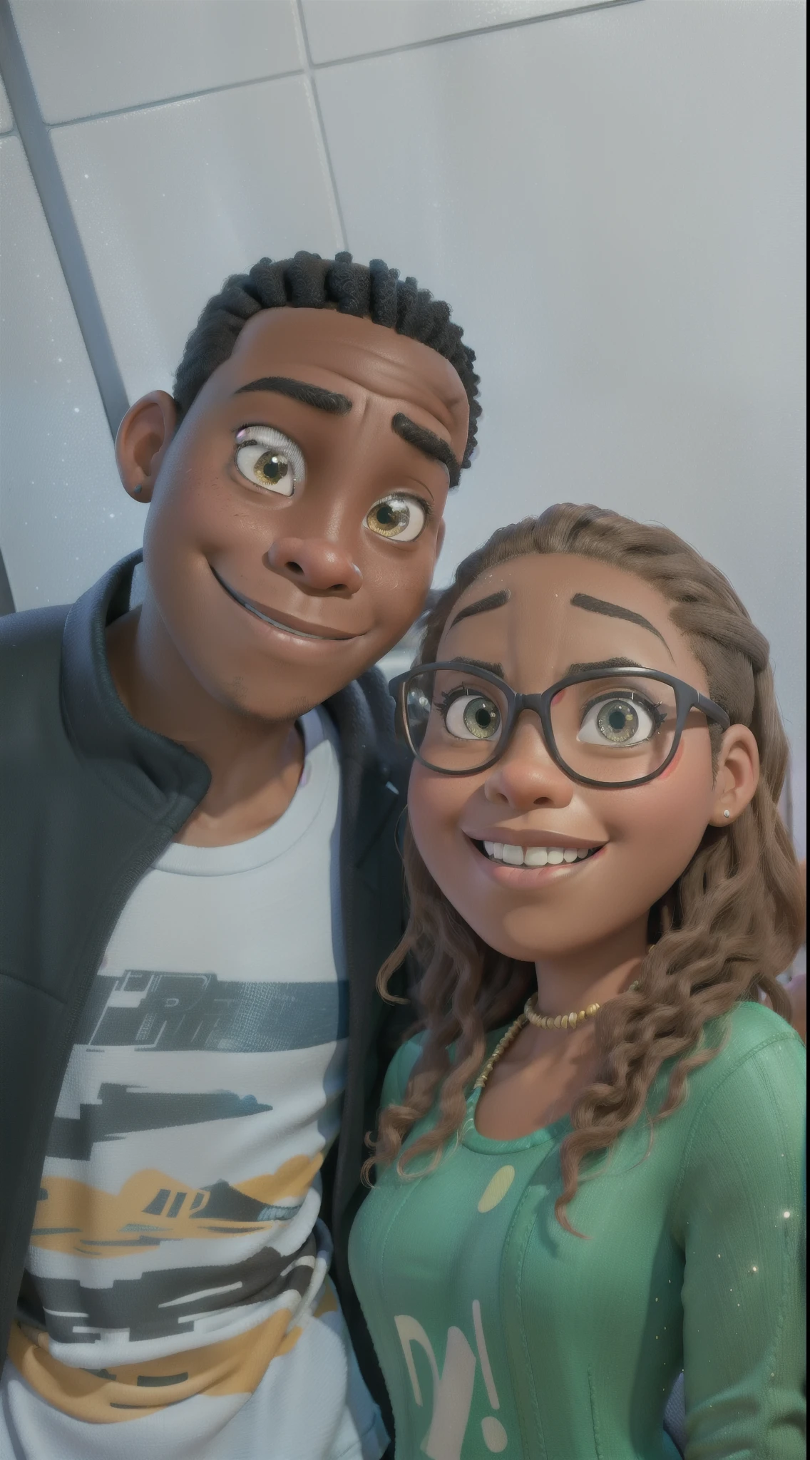 There is a black man and a woman posing for a photo in a Disney pixar style bathroom ,alta qualidade,melhor qualidade