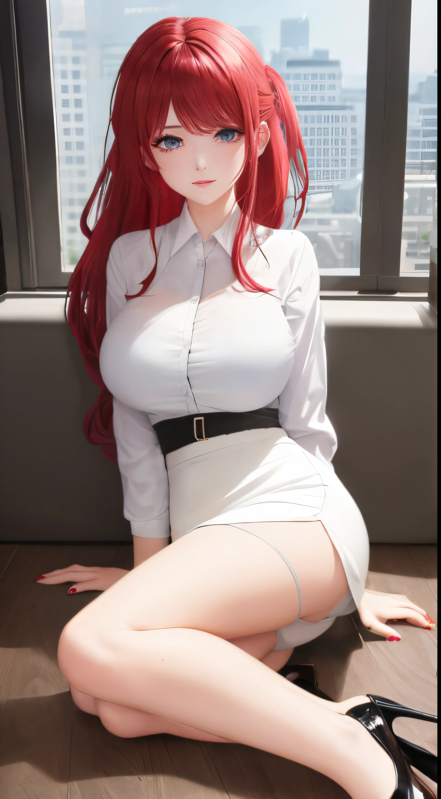 absurderes, 8K ,A high resolution, Ultra detailed, Beautiful, Masterpiece, Best quality, (Beautiful and delicate silver eyes), (1girll) ,A sexy beautiful young woman working as office OL (Office Lady),white button-down blouse,There is a collar,Black Slit Skirt,(Black pantyhose),Long legs ,Detailed legs,High heels,Side ponytail , bangs,full bodyesbian,Big breasts,cleavage,Red hair,